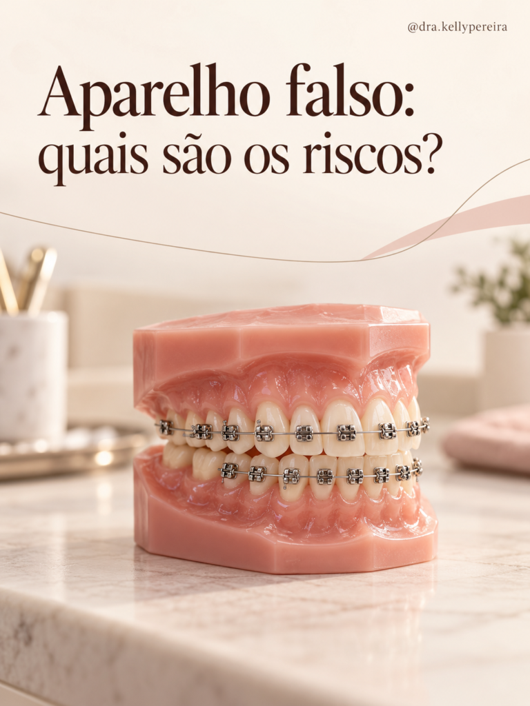 Modelo odontológico com aparelho fixo ilustrando um artigo sobre os riscos do aparelho falso.